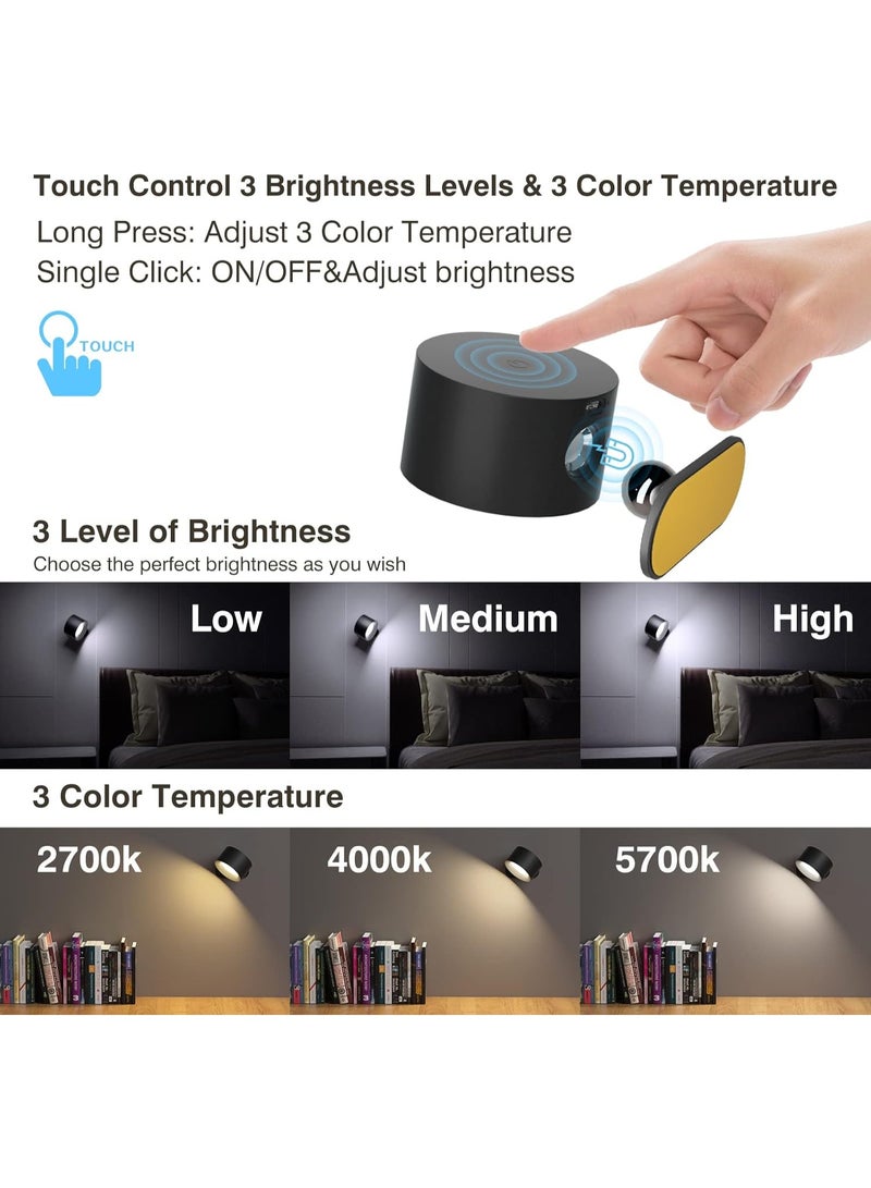 أضواء حائط LED، مصابيح حائط تعمل بالبطارية، أضواء مثبتة على الحائط بدون سلك مع 3 درجات حرارة للون و3 مستويات سطوع، كرة مغناطيسية 360°، منفذ شحن USB للقراءة والدراسة بجانب السرير - Image 2