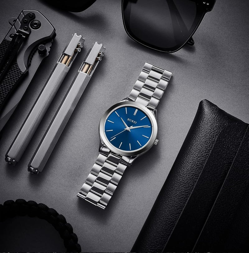 BUREI Men's Watch, Fashion Analog Quartz, Dress Business Stainless Steel Waterproof，Watch for Men (Silver+Blue) - Image 3