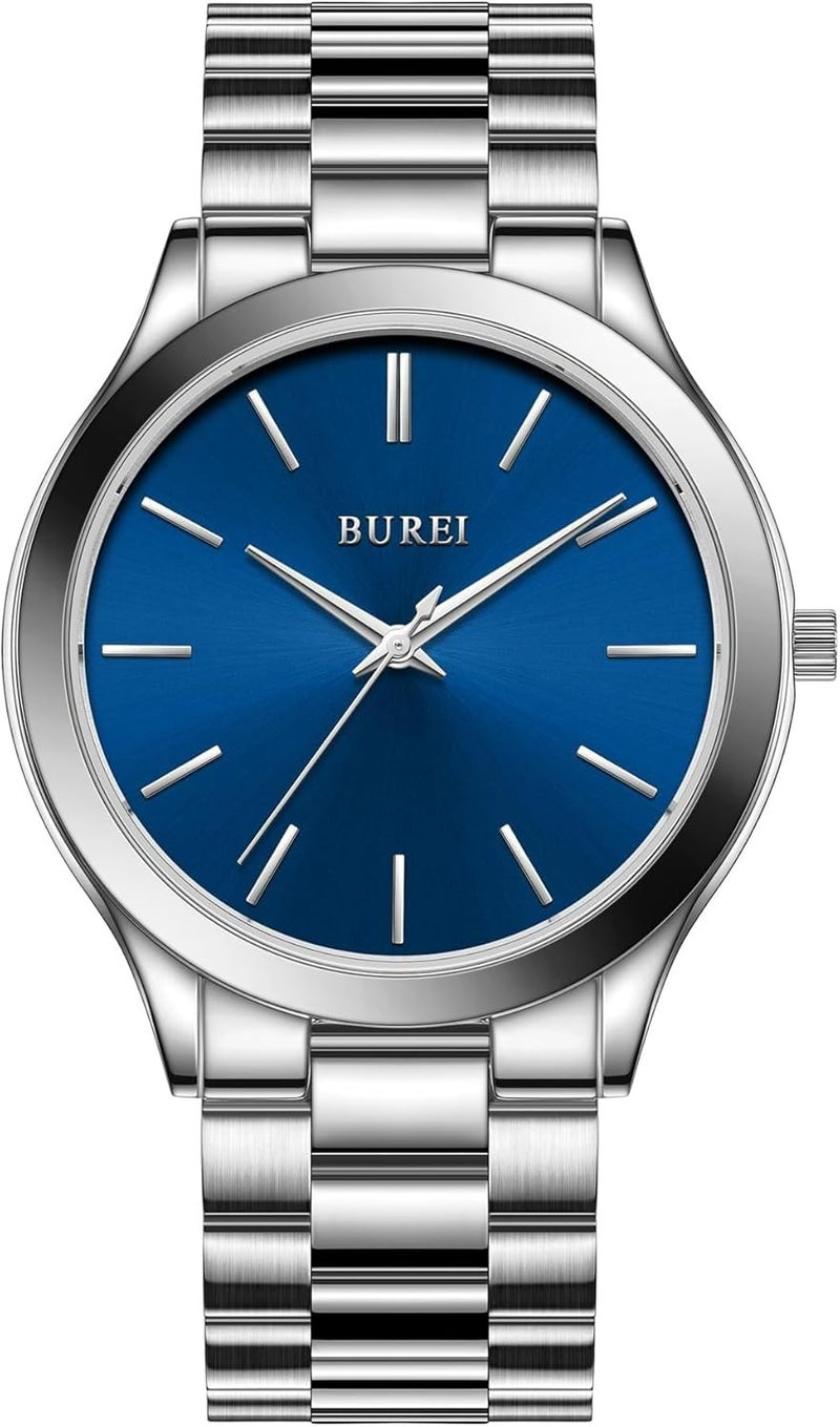 BUREI Men's Watch, Fashion Analog Quartz, Dress Business Stainless Steel Waterproof，Watch for Men (Silver+Blue) - Image 1