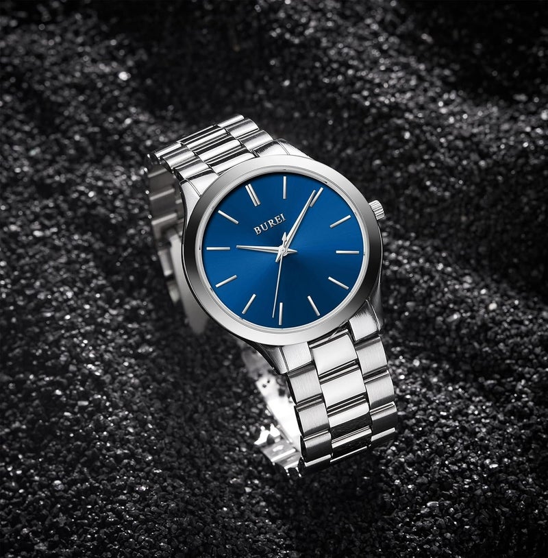 BUREI Men's Watch, Fashion Analog Quartz, Dress Business Stainless Steel Waterproof，Watch for Men (Silver+Blue) - Image 2