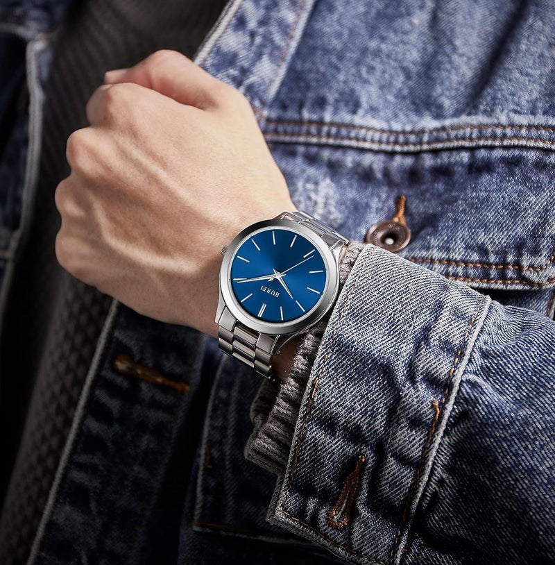 BUREI Men's Watch, Fashion Analog Quartz, Dress Business Stainless Steel Waterproof，Watch for Men (Silver+Blue) - Image 5