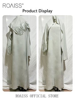 roaiss 2Pcs-Women's Robe Dress Solid Color Floral Embroidery Lace Edge With Same Headscarf  - Image 5