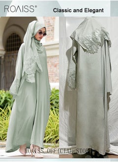 roaiss 2Pcs-Women's Robe Dress Solid Color Floral Embroidery Lace Edge With Same Headscarf  - Image 3