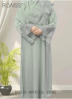 roaiss 2Pcs-Women's Robe Dress Solid Color Floral Embroidery Lace Edge With Same Headscarf  - Image 2