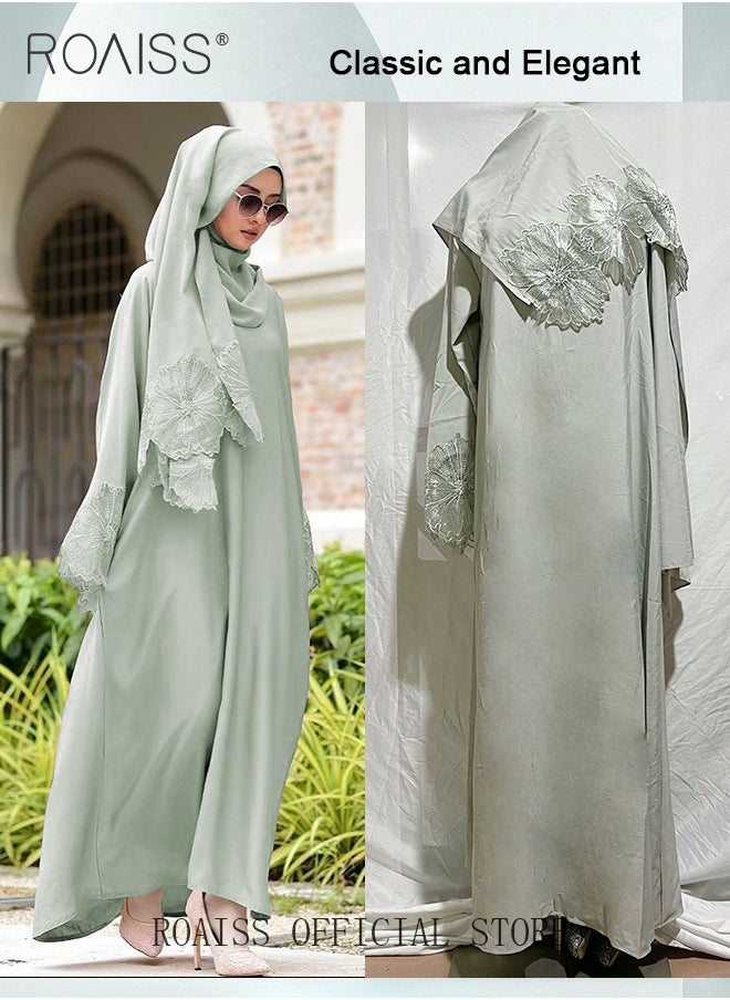 roaiss 2Pcs-Women's Robe Dress Solid Color Floral Embroidery Lace Edge With Same Headscarf  - Image 3