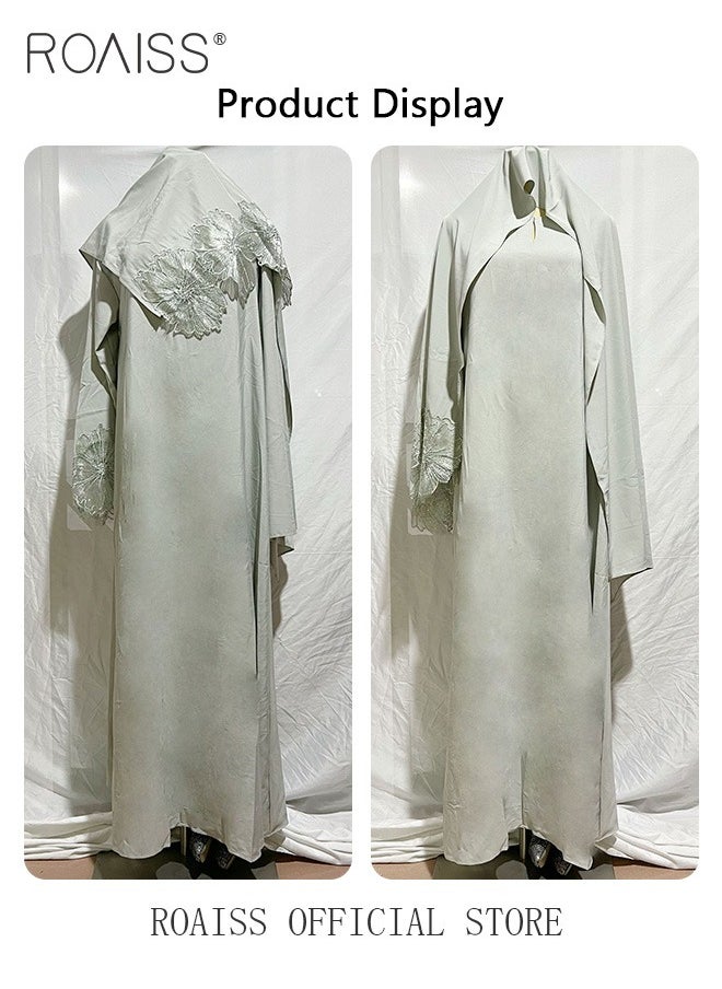 roaiss 2Pcs-Women's Robe Dress Solid Color Floral Embroidery Lace Edge With Same Headscarf  - Image 5