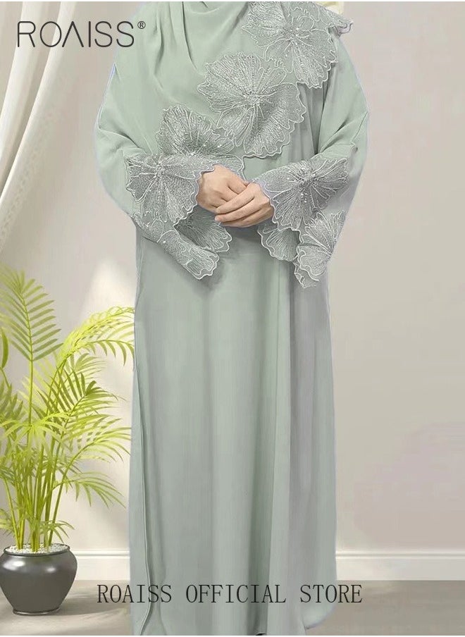 roaiss 2Pcs-Women's Robe Dress Solid Color Floral Embroidery Lace Edge With Same Headscarf  - Image 2