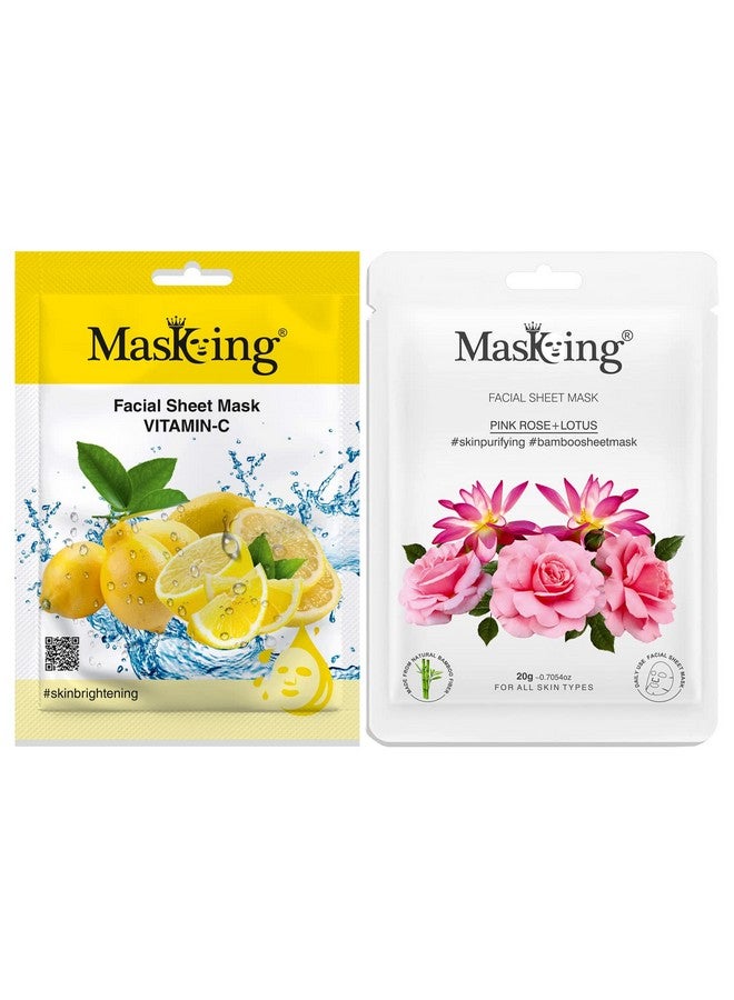 MasKing Beauty Facial Sheet Mask of Lemon (20g) & Bamboo Facial Sheet Mask of Pink Rose & Lotus (20g) Ideal for Women & Men (Combo Pack of 2) - Image 1
