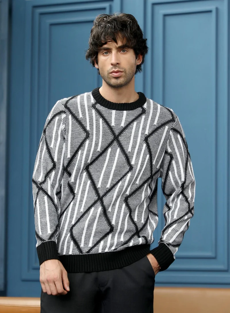 كامبوس سوترا كنزة رجالية بنقش جاكار تينوتش بياقة دائرية وأكمام مضلعة طويلة