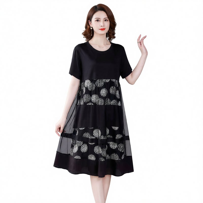 Women's Short Sleeve Printed Two-Piece Illusion Straight Dress Loose Fit Slimming Midi Dress - Image 3