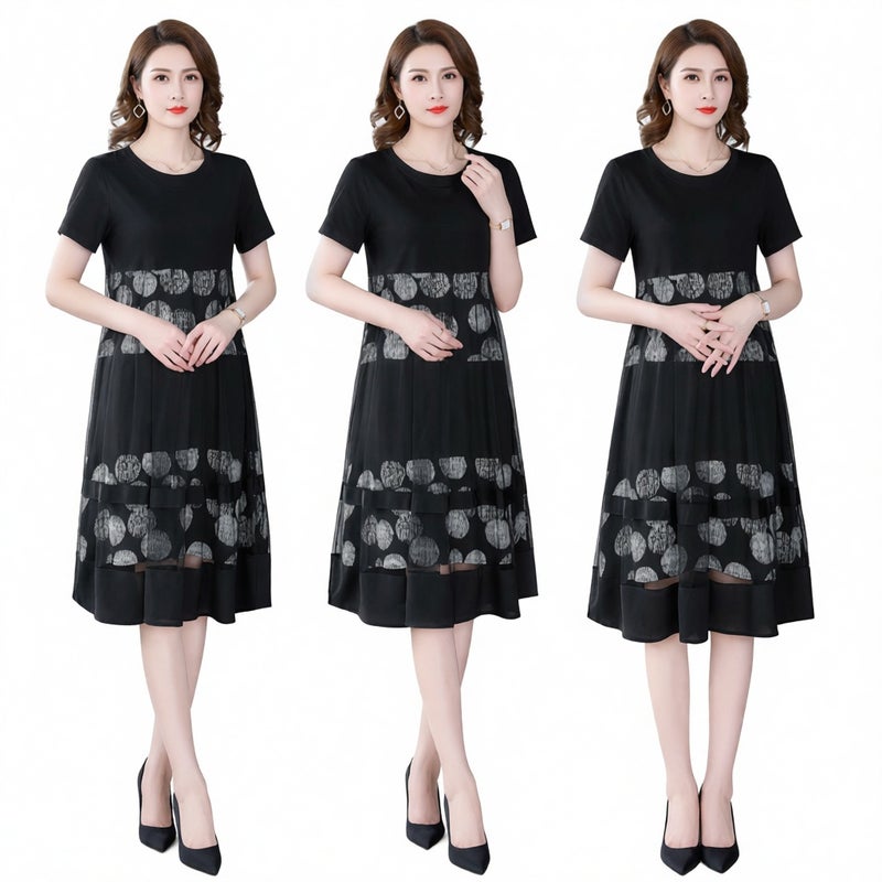 Women's Short Sleeve Printed Two-Piece Illusion Straight Dress Loose Fit Slimming Midi Dress - Image 2