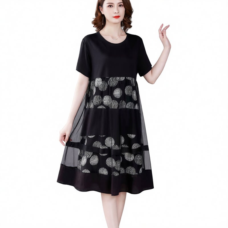 Women's Short Sleeve Printed Two-Piece Illusion Straight Dress Loose Fit Slimming Midi Dress - Image 1