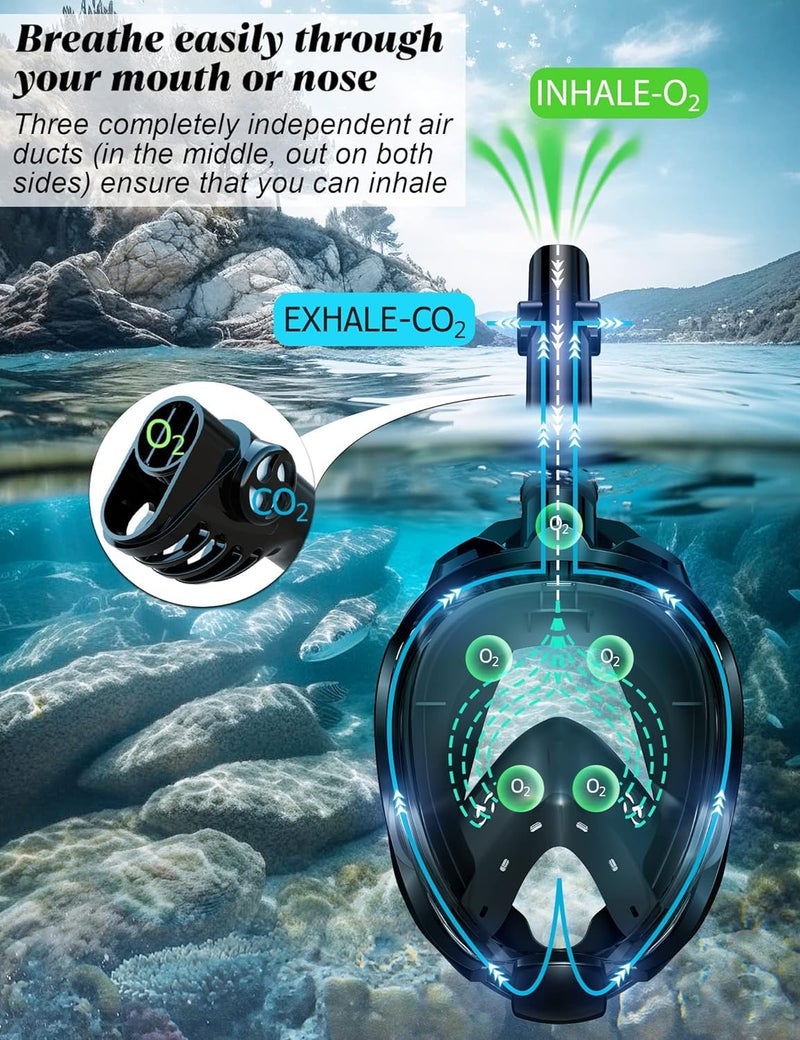 VBM Full Face Snorkeling Mask Diving Gear - Latest Dry Top System,180 Degree Panoramic View Snorkeling Mask with Camera Mount,Safe Breathing,Anti-Leak Anti-Fog-Swim Fins (Black - S/M) - Image 5