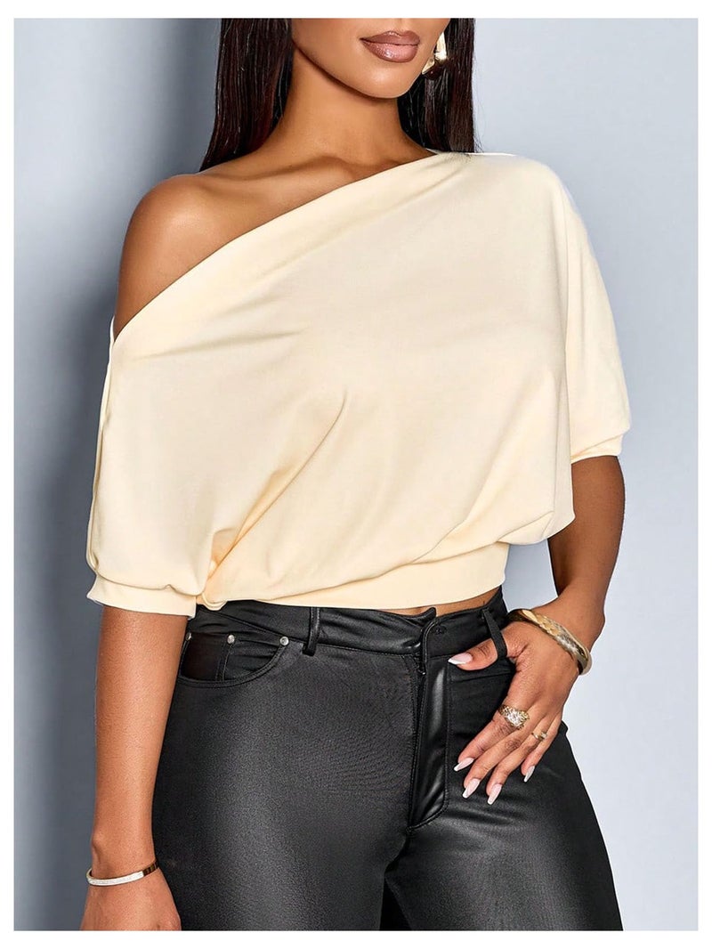 Verdusa Women's Cinched Waist Tops Short Sleeve T Shirts Formal Off The Shoulder Top Apricot Small - Image 4