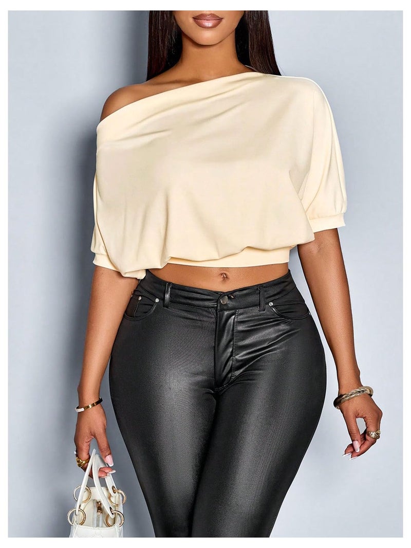 Verdusa Women's Cinched Waist Tops Short Sleeve T Shirts Formal Off The Shoulder Top Apricot Small - Image 5