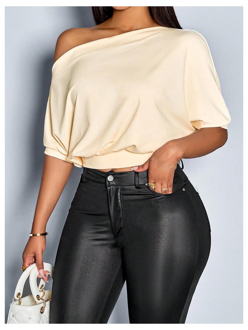 Verdusa Women's Cinched Waist Tops Short Sleeve T Shirts Formal Off The Shoulder Top Apricot Small - Image 3
