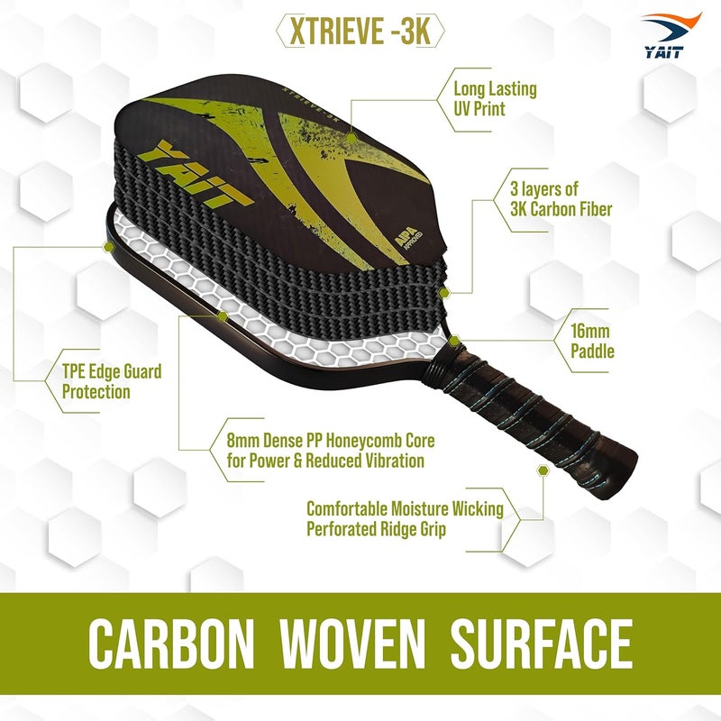 YAIT Sports Xtrieve-3K Pickleball Paddle |16mm 3K Carbon Fiber Woven Surface (T700) | Dense 8 mm PP Honeycomb Core| Enhanced Power & Precision Spin| AIPA Approved Pickle ball Racket of USAPA Standards - Image 4