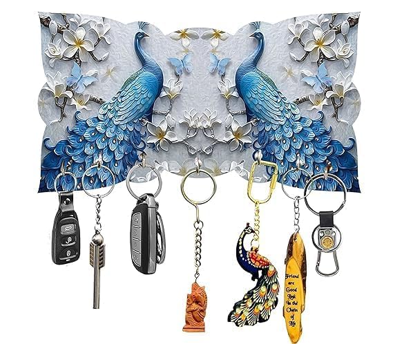 Shopsidex Key Holder Home Decor Wooden Art Work Painting Key Holder for Wall Decor 7 Hooks Key Organizer Gift Items for Home Hall Office Pack of 1 Peacock Key Holder