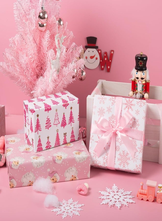 Vnaaem Pink Christmas Wrapping Paper 6 Xmas Style Bulk Santa Nutracker Christmas Trees and Reindeer Designs Folded Flat for Winter Holiday - 20 X 28 Inches (6 Folded Sheet) - Image 2