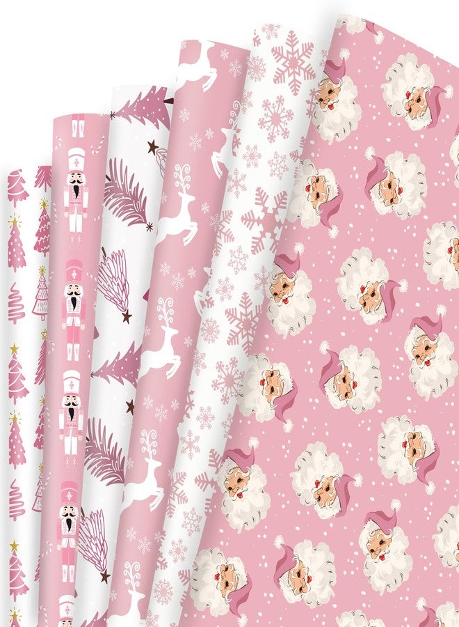Vnaaem Pink Christmas Wrapping Paper 6 Xmas Style Bulk Santa Nutracker Christmas Trees and Reindeer Designs Folded Flat for Winter Holiday - 20 X 28 Inches (6 Folded Sheet) - Image 1