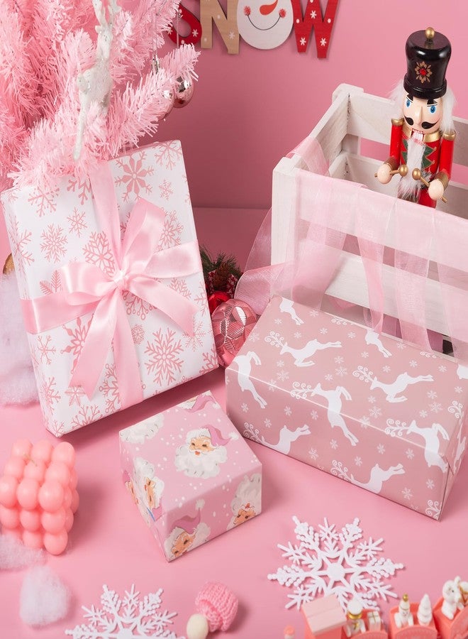 Vnaaem Pink Christmas Wrapping Paper 6 Xmas Style Bulk Santa Nutracker Christmas Trees and Reindeer Designs Folded Flat for Winter Holiday - 20 X 28 Inches (6 Folded Sheet) - Image 3