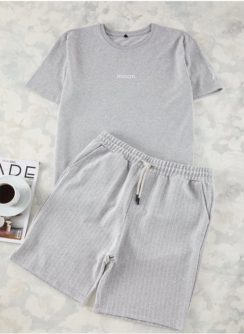 Grey Regular Fit Printed / Striped Shorts Knitted Pajama Set THMSS21PT1005