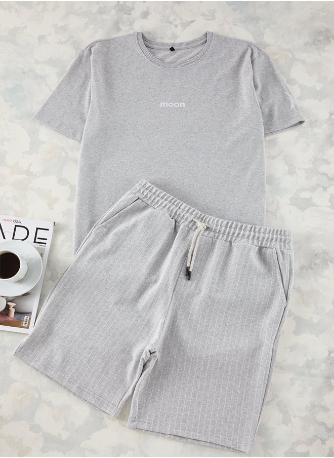 trendyol Grey Regular Fit Printed / Striped Shorts Knitted Pajama Set THMSS21PT1005  - Image 1