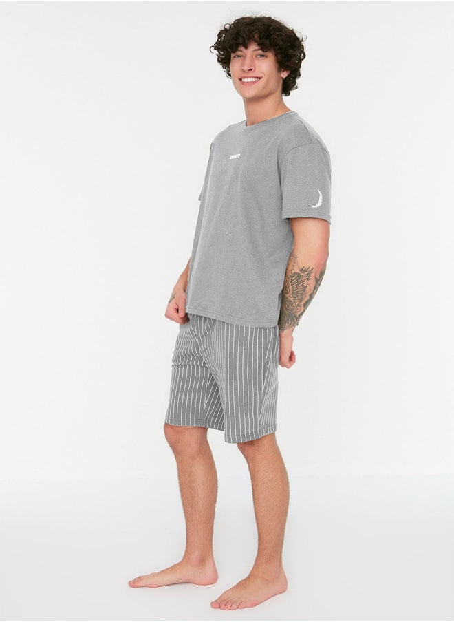 trendyol Grey Regular Fit Printed / Striped Shorts Knitted Pajama Set THMSS21PT1005  - Image 5