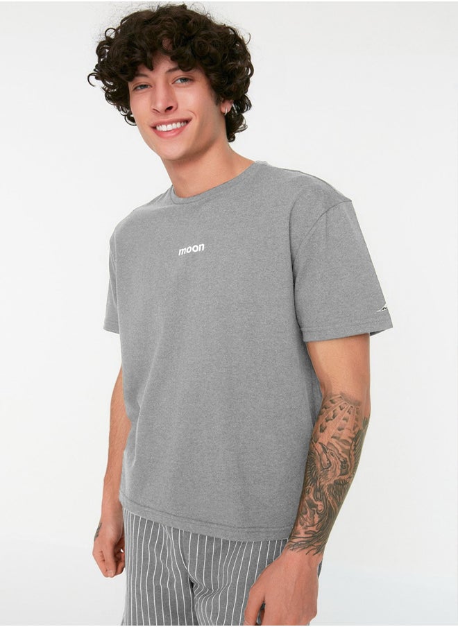 trendyol Grey Regular Fit Printed / Striped Shorts Knitted Pajama Set THMSS21PT1005  - Image 4