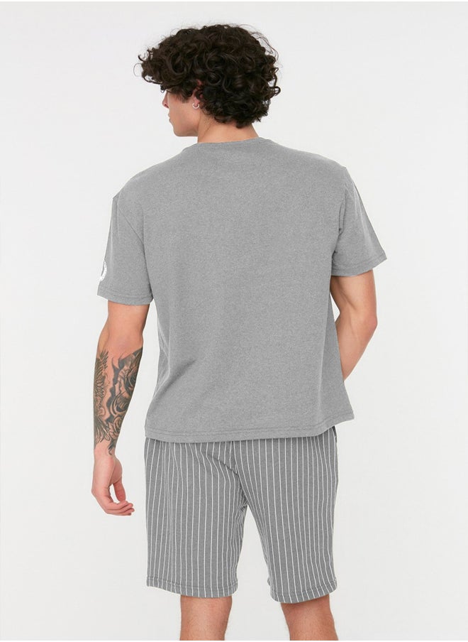 trendyol - Grey Regular Fit Printed / Striped Shorts Knitted Pajama Set THMSS21PT1005 - Image 1