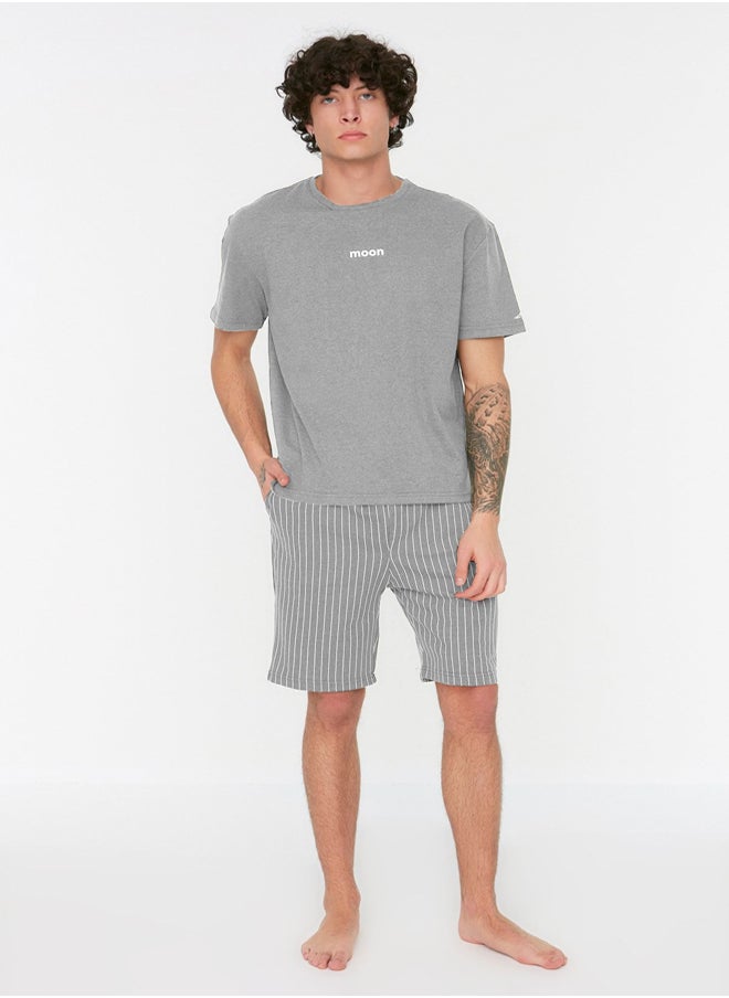 trendyol - Grey Regular Fit Printed / Striped Shorts Knitted Pajama Set THMSS21PT1005 - Image 1