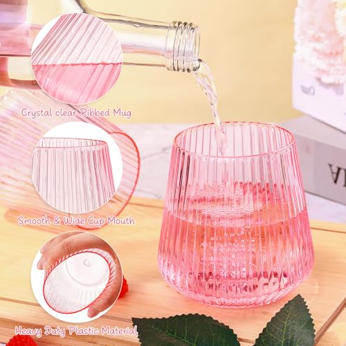 tchrules 24 Pack Pink Plastic Wine Cups, 14oz Disposable Stemless Ribbed Wine Glasses, Cute Clear Unbreakable Outdoor Cocktail Glasses, Heavy Duty Plastic Drinking Cup for Galentine Wedding Party Mimosa Bar - Image 5