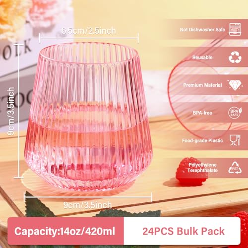 tchrules 24 Pack Pink Plastic Wine Cups, 14oz Disposable Stemless Ribbed Wine Glasses, Cute Clear Unbreakable Outdoor Cocktail Glasses, Heavy Duty Plastic Drinking Cup for Galentine Wedding Party Mimosa Bar - Image 2
