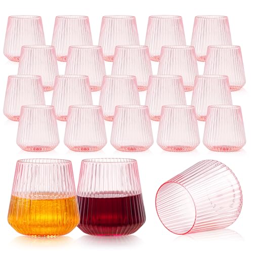 tchrules 24 Pack Pink Plastic Wine Cups, 14oz Disposable Stemless Ribbed Wine Glasses, Cute Clear Unbreakable Outdoor Cocktail Glasses, Heavy Duty Plastic Drinking Cup for Galentine Wedding Party Mimosa Bar - Image 1