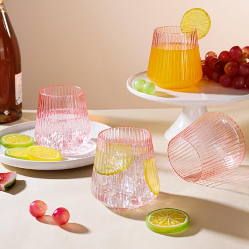 tchrules 24 Pack Pink Plastic Wine Cups, 14oz Disposable Stemless Ribbed Wine Glasses, Cute Clear Unbreakable Outdoor Cocktail Glasses, Heavy Duty Plastic Drinking Cup for Galentine Wedding Party Mimosa Bar - Image 4