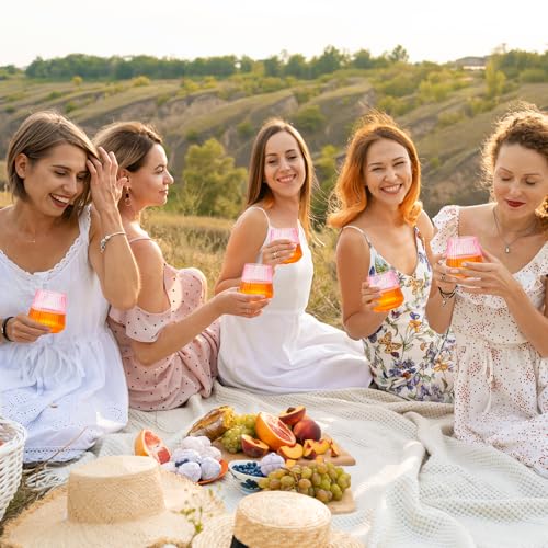 tchrules 24 Pack Pink Plastic Wine Cups, 14oz Disposable Stemless Ribbed Wine Glasses, Cute Clear Unbreakable Outdoor Cocktail Glasses, Heavy Duty Plastic Drinking Cup for Galentine Wedding Party Mimosa Bar - Image 3