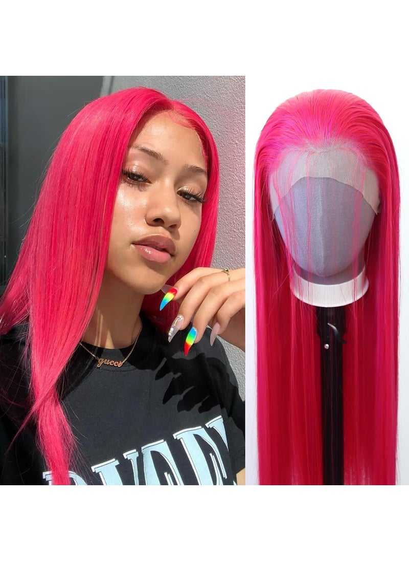 ZigZag Hair - zigzag hair Hot Pink Wig Long Straight Rose Red Pink Synthetic Lace Front Wigs Pre Plucked with Natural Hairline for Fashion Women Heat Resistant Hair Glueless Synthetic Lace Wig Hot Pink - Image 1