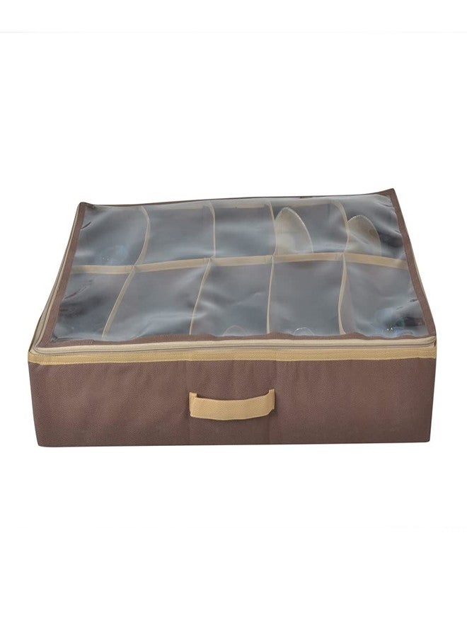 SHREY CREATION Under Bed Shoe Organizer with Transparent Lid, Fabric Shoe Storage Box with Zipper & Handle, Space Saving Footwear Organizer for Closet & Bedroom - (Pair of 8-Brown) - Image 2