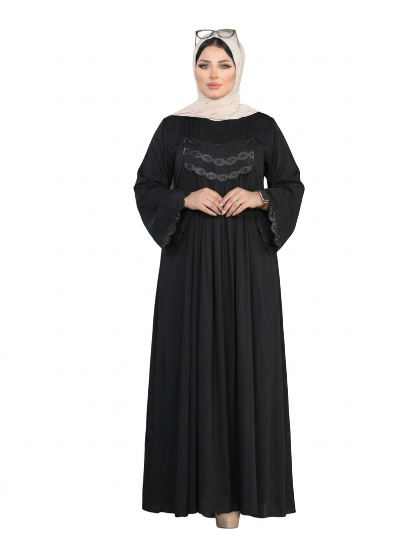 Long Black Maxi Dress with Wide Cut and Lace Detail on Chest, Suitable for Formal & Daily Occasions, Classic Black Color - Size 2XL-90-KG - Image 1
