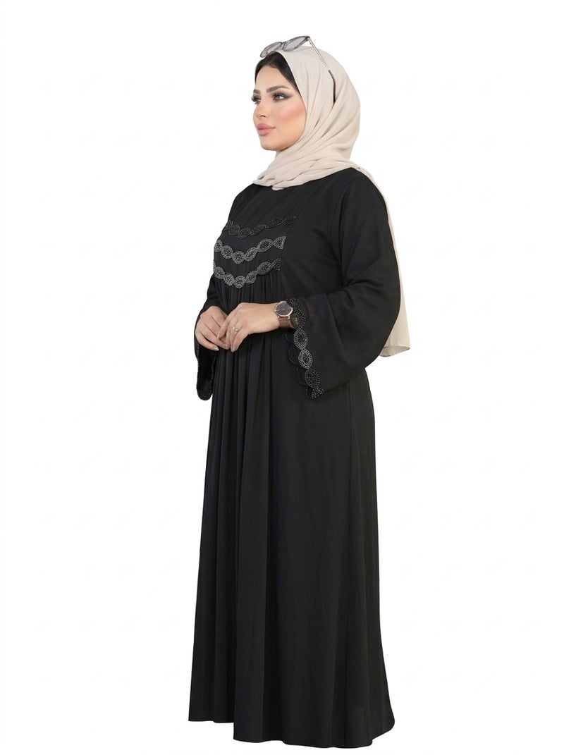 Long Black Maxi Dress with Wide Cut and Lace Detail on Chest, Suitable for Formal & Daily Occasions, Classic Black Color - Size 2XL-90-KG - Image 2