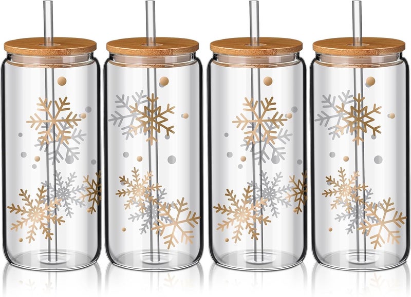 Zubebe Zubebe 4 Pcs Christmas Coffee Glass Cups 20 oz Snowflake Glass Cups with Lids Straws Xmas Mason Jar Winter Snowflake Drinkware Coffee Can for Christmas Women Kids Men GiftGold - Image 1