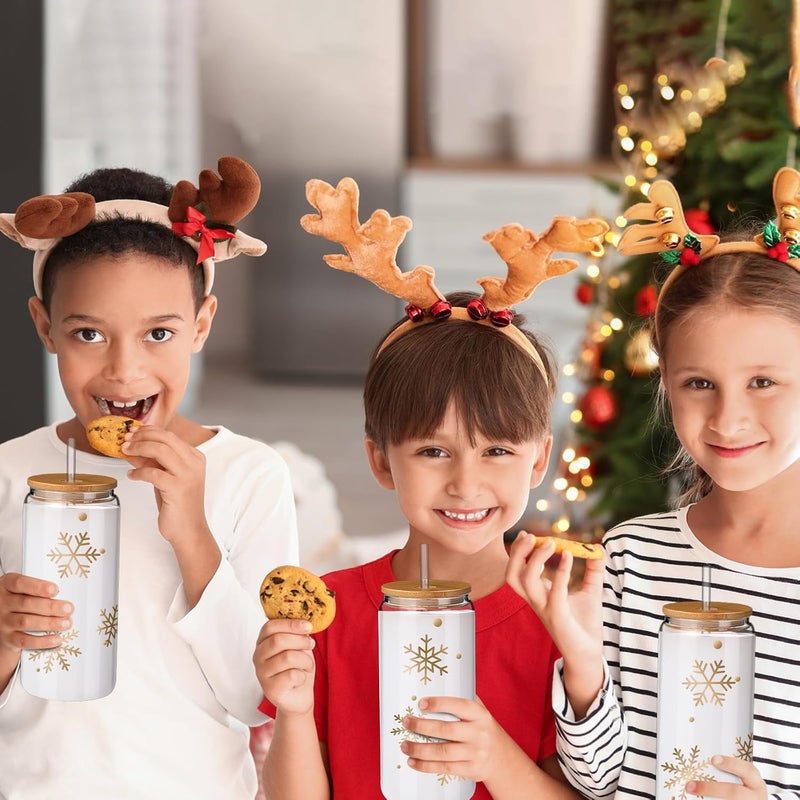 Zubebe Zubebe 4 Pcs Christmas Coffee Glass Cups 20 oz Snowflake Glass Cups with Lids Straws Xmas Mason Jar Winter Snowflake Drinkware Coffee Can for Christmas Women Kids Men GiftGold - Image 5