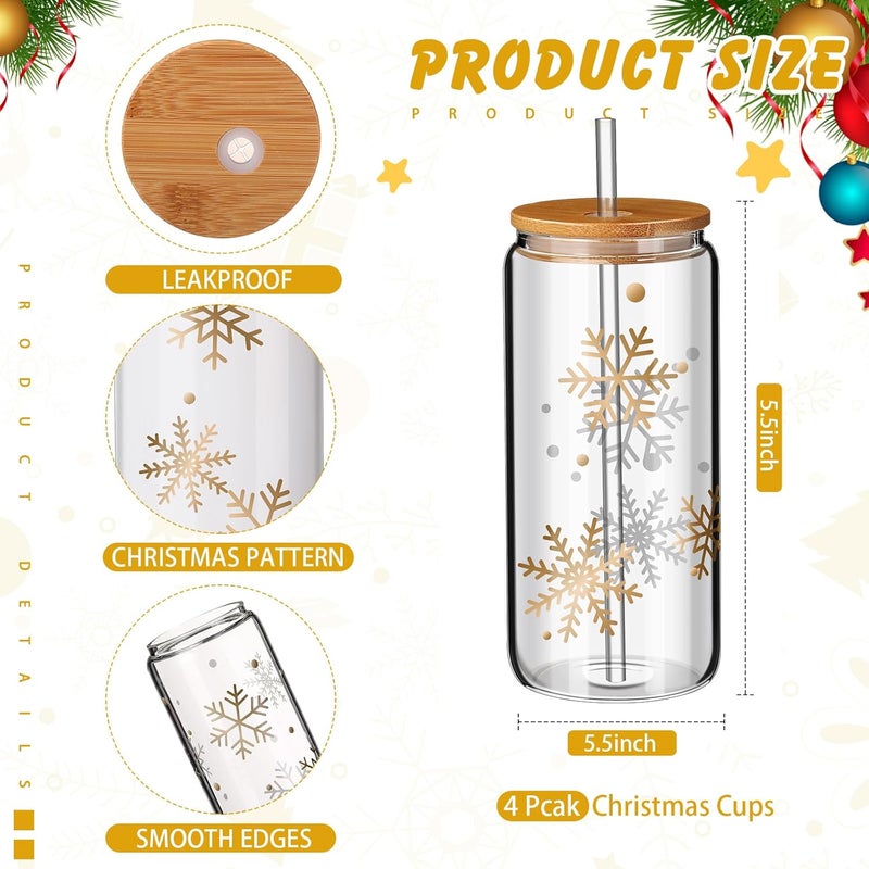 Zubebe Zubebe 4 Pcs Christmas Coffee Glass Cups 20 oz Snowflake Glass Cups with Lids Straws Xmas Mason Jar Winter Snowflake Drinkware Coffee Can for Christmas Women Kids Men GiftGold - Image 2