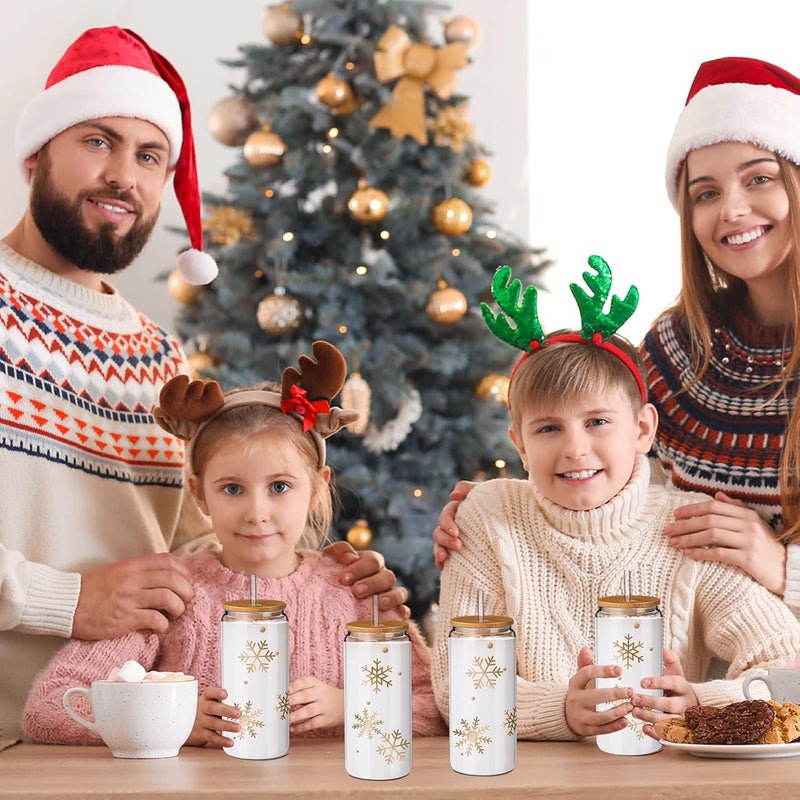 Zubebe Zubebe 4 Pcs Christmas Coffee Glass Cups 20 oz Snowflake Glass Cups with Lids Straws Xmas Mason Jar Winter Snowflake Drinkware Coffee Can for Christmas Women Kids Men GiftGold - Image 4