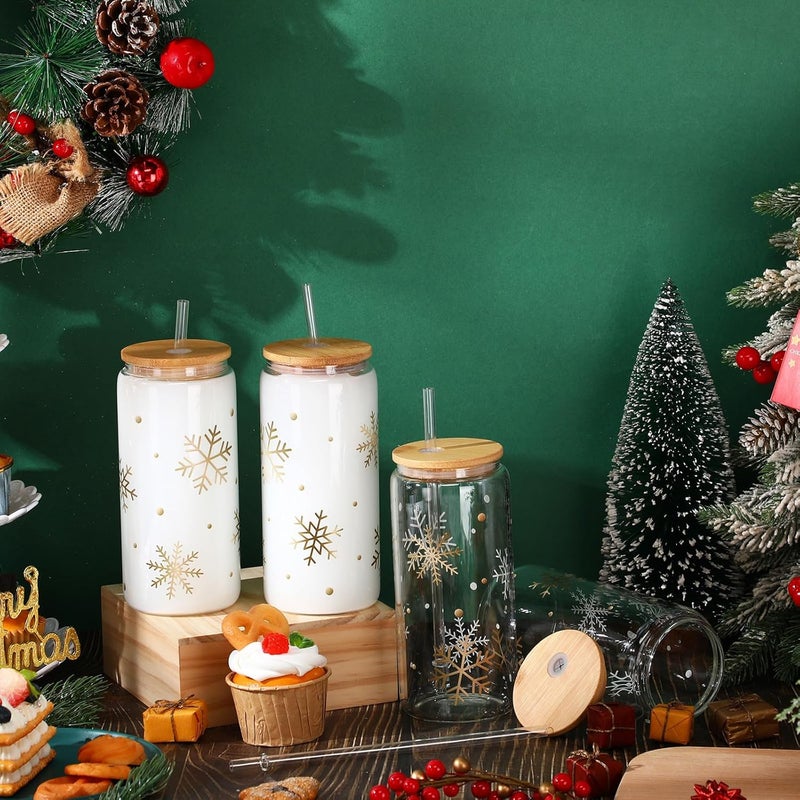 Zubebe Zubebe 4 Pcs Christmas Coffee Glass Cups 20 oz Snowflake Glass Cups with Lids Straws Xmas Mason Jar Winter Snowflake Drinkware Coffee Can for Christmas Women Kids Men GiftGold - Image 3
