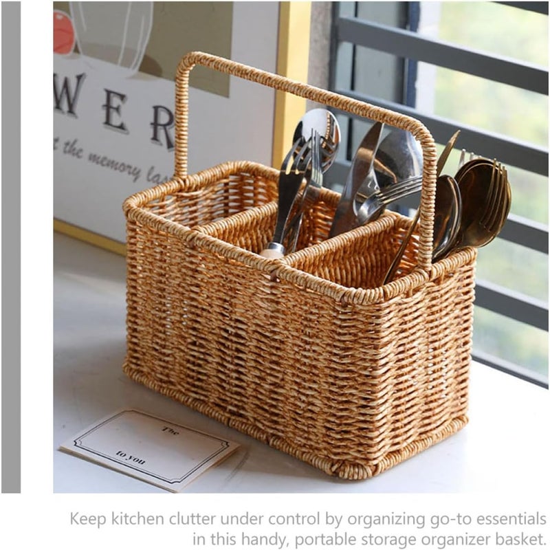SECFOU Woven Cutlery Organizer with Handle, Divided Utensil Holder for Kitchen Countertop, Plastic Silverware Caddy for Party and Dining Room Storage - Image 4