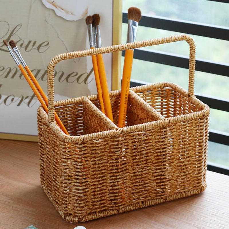 SECFOU Woven Cutlery Organizer with Handle, Divided Utensil Holder for Kitchen Countertop, Plastic Silverware Caddy for Party and Dining Room Storage - Image 5