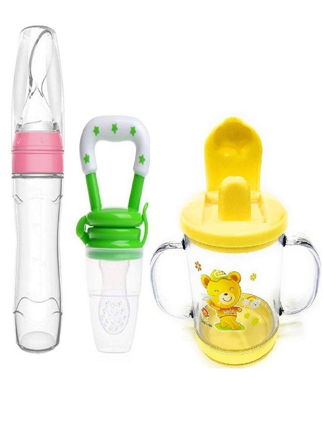 Lappu Baby Rice Paste Food Feeder with Baby Fruit Nibbler & Spout Sipper (Combo) (Pink-Green-Yellow) - Image 1