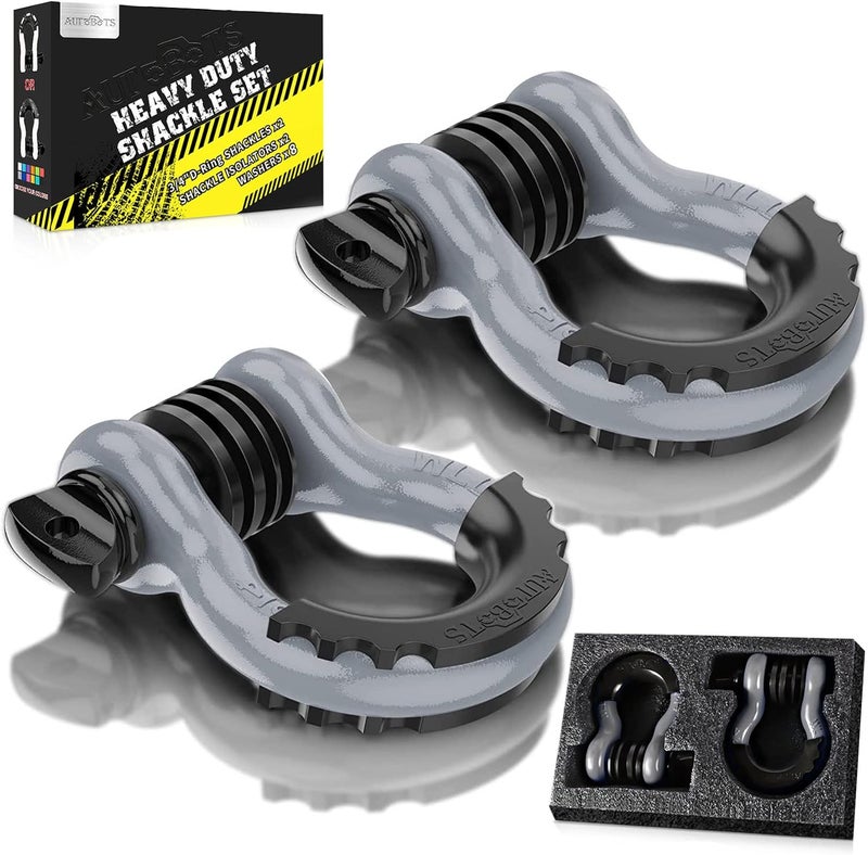 AUTOBOTS Bow Shackles 3/4" D Ring Shackle (2 Pack), 48,000Ib Break Strength with 7/8" Pin, 2 Isolator and 4 Washers Kit for Offroad Vehicle Truck Recovery Gray - Image 1