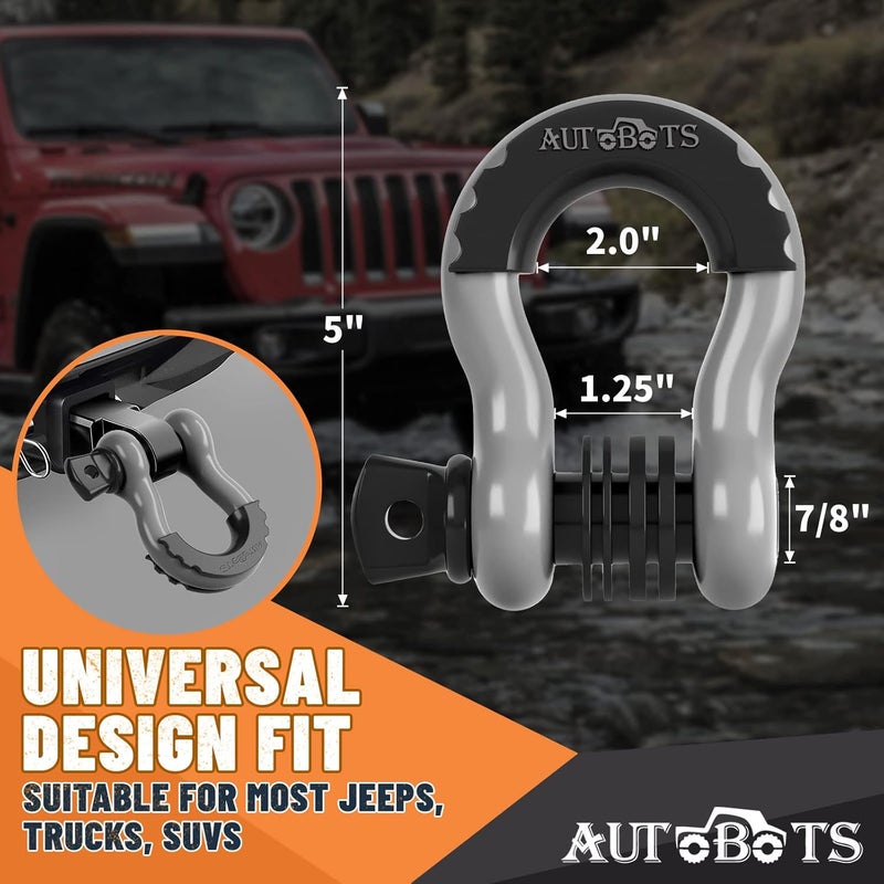 AUTOBOTS Bow Shackles 3/4" D Ring Shackle (2 Pack), 48,000Ib Break Strength with 7/8" Pin, 2 Isolator and 4 Washers Kit for Offroad Vehicle Truck Recovery Gray - Image 3